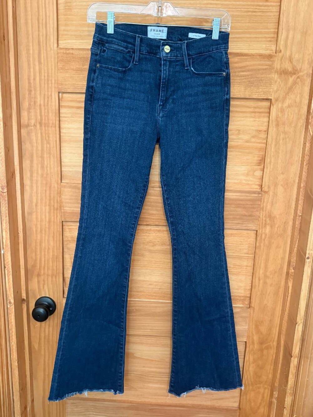 FRAME Le High Flare Jeans in Naples Medium Wash Raw Resleased Hem size 27